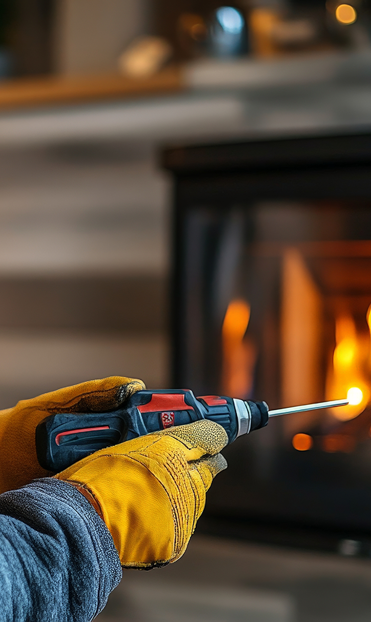 Technician holding drill in front of fireplace