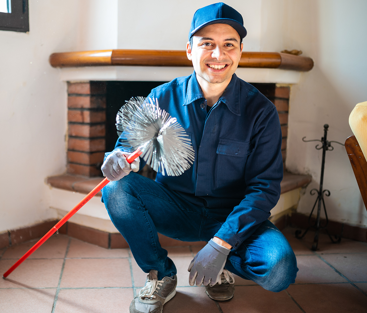 Chimney sweep specialist posing in front of fireplace